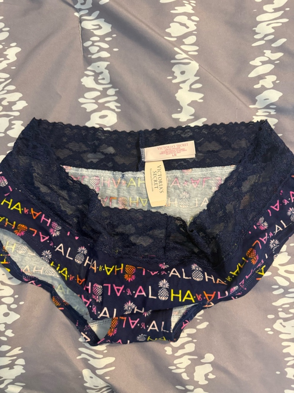 Victoria's Secret Navy Lace Bikini Panty with Colorful Aloha Print
